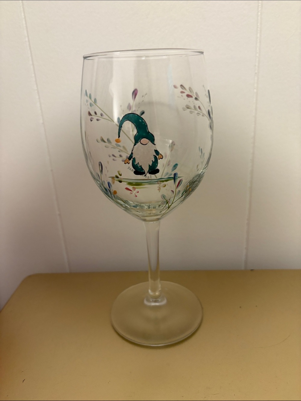 Lozier Glass Hand-Painted Gnome and Floral Wine Glass in Teal & Purple